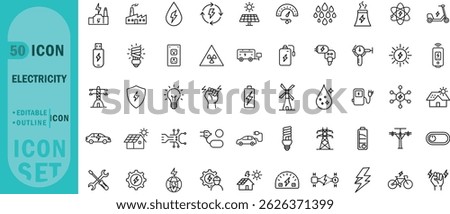 Electricity editable outline icon set. Power energy battery voltage solar and more.
