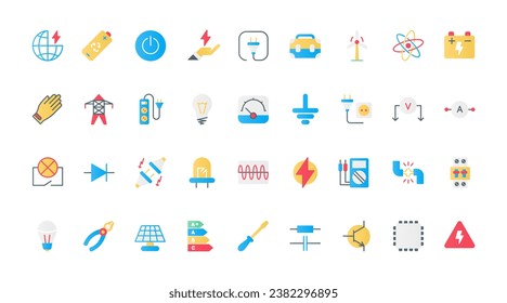 Electricity, electric circuit symbols flat icons set vector illustration. Voltage power flat and lightning charge, protection gear and equipment of electrician and bulb, plug and socket svg