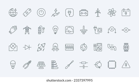 Electricity, electric circuit symbols thin line icons set vector illustration. Outline voltage power lines and lightning charge, protection gear and equipment of electrician and bulb, plug and socket