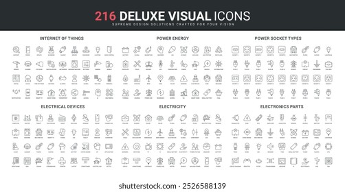 Electricity and electrical devices, electronics parts line icon set. Internet of things, power energy, different international types of plugs and sockets thin black outline symbols vector illustration