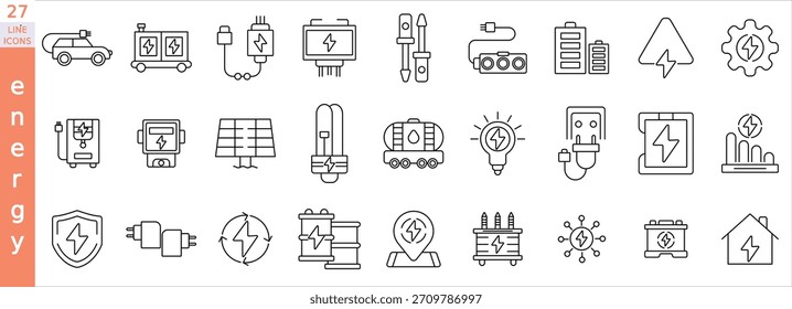 Elektrizität, elektrische Energie Ikonenset. Enthält Symbole Elektrische Stromleitung, Licht, Glühbirne und elektrische Geräte.