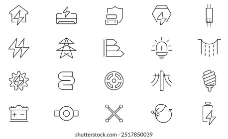 Eletricidade, conjunto de ícones da linha de energia elétrica. Linha de energia elétrica, luz, lâmpada e coleção de ícones de contorno de equipamentos elétricos. Pacote fino de ícones de estrutura de tópicos