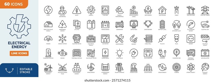 Electricity, electrical energy line icon set. Contains icons Electric power line, light, light bulb and electrical equipment. Vector Illustration