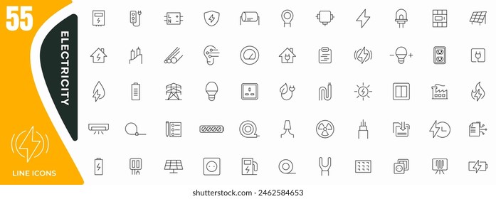 Electricity, electrical energy line icons set. Electricity, electric power line, light, light bulb and electrical equipment outline icon collection. Thin outline icons pack