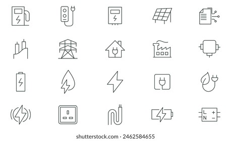 Electricity, electrical energy line icons set. Electricity, electric power line, light, light bulb and electrical equipment outline icon collection. Thin outline icons pack