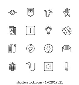Electricity, Electrification outline icons set - Black symbol on white background. Electricity, Voltage Simple Illustration Symbol - lined simplicity Sign. Flat Vector thin line Icon - editable stroke
