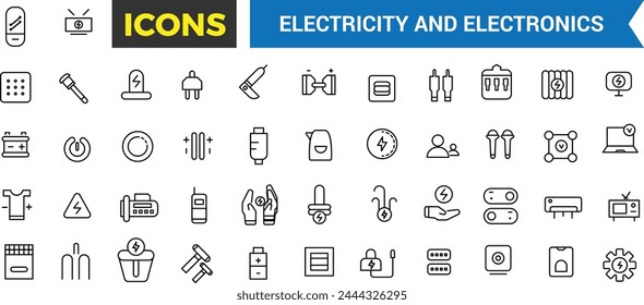 Electricity and Electronics Icon Set, Set Of Home Electrification, Electrical Wire And Cable, Electricity Meter, Power Strip Vector Icons, Vector Illustration