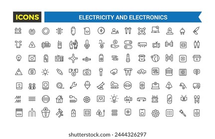Electricity and Electronics Icon Set, Set Of Home Electrification, Electrical Wire And Cable, Electricity Meter, Power Strip Vector Icons, Vector Illustration