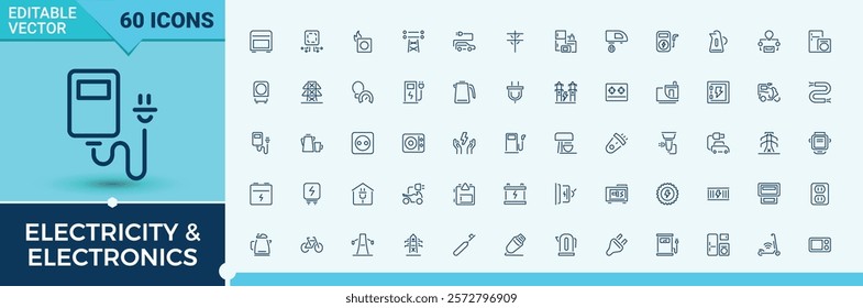 Electricity And Electronics linear icon collection. Contains such icons as ui, nuclear, city, wi, house and more. Icons for UI. Editable stroke.