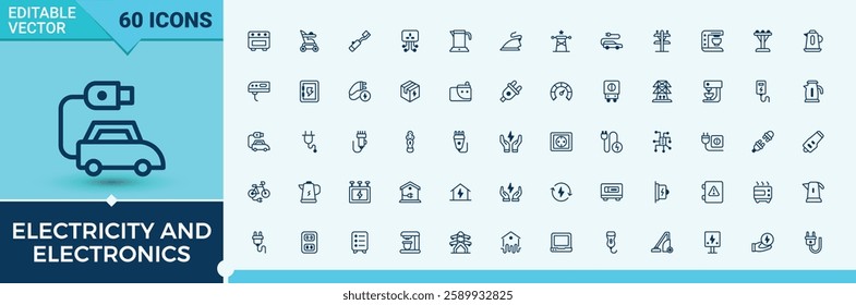 Electricity And Electronics linear icon collection. Includes thin line city, charge, gas, solar, factory, energy, plant, station. Flat UI icon design. Editable vector outline and solid icons.