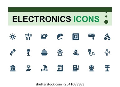 Strom und Elektronik solide Symbole gesetzt. Enthält Symbole wie erneuerbare, wi, Pflanze, Glühbirne, Ladegerät und mehr. Design isolierter Symbole. Kollektion von Vektorgrafik-Symbolen.