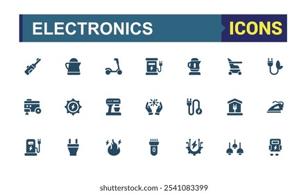 Strom und Elektronik solide Symbole gesetzt. Enthält Symbole wie erneuerbare, wi, Pflanze, Glühbirne, Ladegerät und mehr. Design isolierter Symbole. Kollektion von Vektorgrafik-Symbolen.