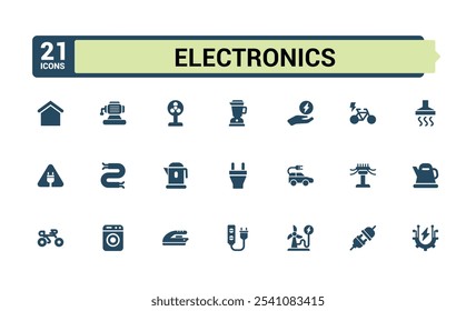 Strom und Elektronik solide Symbole gesetzt. Enthält Symbole wie erneuerbare, wi, Pflanze, Glühbirne, Ladegerät und mehr. Design isolierter Symbole. Kollektion von Vektorgrafik-Symbolen.