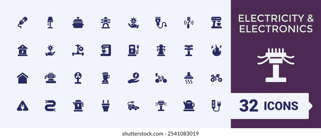Electricity And Electronics vector solid icon set. Includes icons for energy, station, charge, power, factory, atom and more. Modern flat icons. 