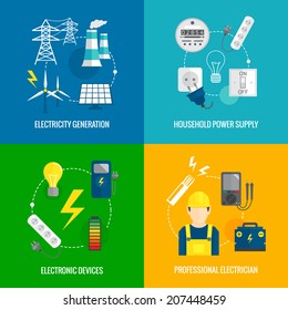 Concepto de energía eléctrica Iconos de negocios planos conjunto de electricistas profesionales de la energía del hogar para diseño de infografías elementos web ilustración vectorial