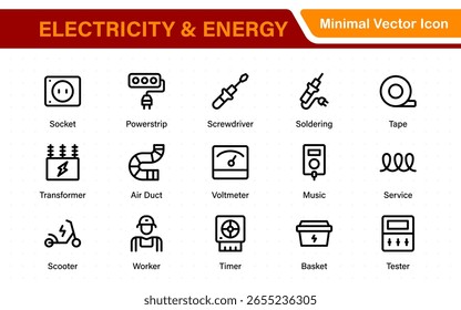 Electricity and energy icon bundle. Isolated icons of lamps, extension cords, wall outlets, light switches, and electric cables.
