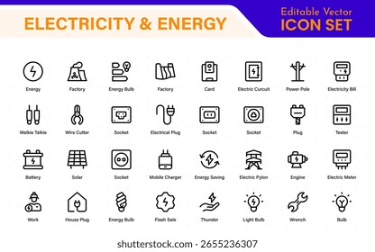 Electricity and energy icon bundle. Isolated icons of lamps, extension cords, wall outlets, light switches, and electric cables.