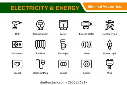 Paquete de íconos de electricidad y energía. Iconos aislados de lámparas, cables de extensión, enchufes de pared, interruptores de luz y cables eléctricos.