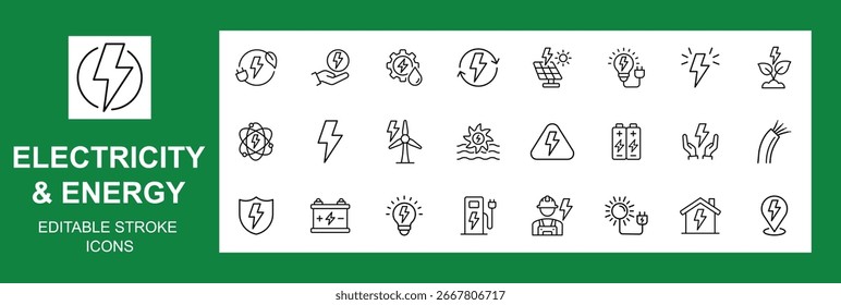 Ikonensatz für Strom und Energie. Vektorsymbol-Piktogramme von Blitzbolzen, Batterie, Stecker, Solarpanel, Windturbine, Energie, erneuerbare Energie, elektrische Sicherheit, Bearbeitbarer Hub. Vektorgrafik