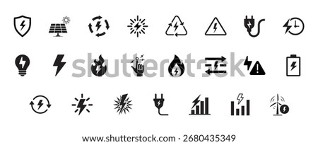 Electricity and energy icon set. Vector glyph pictograms of lightning bolt, battery, plug, solar panel, wind turbine, power, renewable energy, electrical safety black silhouette. vector eps file.