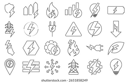 Electricity and energy icon .  Vector for  lightning bolt, battery, plug,  wind turbine, power, renewable energy, and more. Pictograms and infographics for mobile apps. vector illustration.	