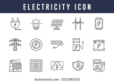 Electricity and Energy Icons Set. Power, Renewable, and Industrial Energy Symbols