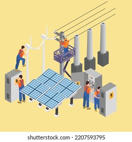 Electricity energy maintenance isometric 3d vector illustration concept for banner, website, illustration, landing page, flyer, etc.