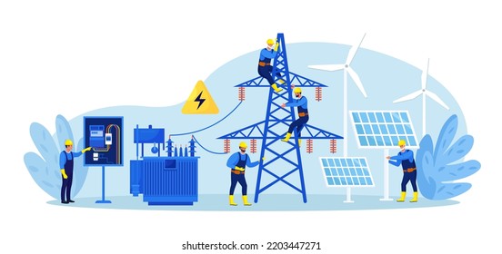 Instandhaltung der Elektrizität Das Team der Elektriker steuert die Stromleitungen. Technischer Reparaturservice von powerline.Telefon- oder Stromleitungen mit Reparatur der Stromversorgung. Leuchtprüfung