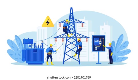 Electricity energy maintenance.Team of electricians control power energy lines. Technician repair service of powerline.Telephone or electricity line poles with power supply repairmen. Lighting testing