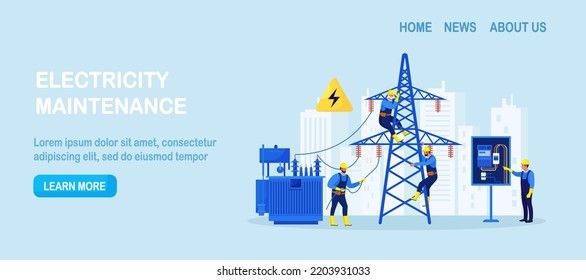 Electricity energy maintenance.Team of electricians control power energy lines. Technician repair service of powerline.Telephone or electricity line poles with power supply repairmen. Lighting testing