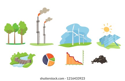 Electricity and energy sources set, wind, hydro, solar power generation facilities vector Illustration on a white background