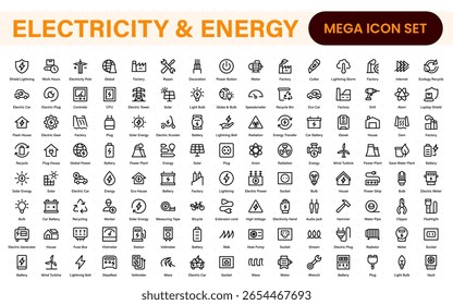 Electricity and energy supply icons. Set of wiring tools, LED lights, socket and switch, extension board, circuit box, and smart electricity meter illustrations.