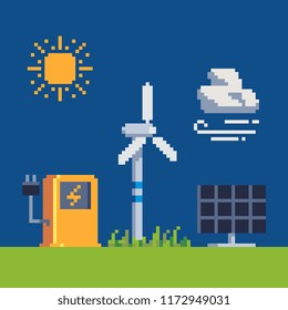 Electricity energy symbols pixel art icons. Sources of clean renewable sun energy charging stations and windmills. Isolated vector illustration. Design logo and app. Modern technology.