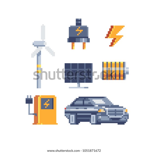 Electricity energy symbols pixel art icons. Low\
battery, charge, current, car, electrical bulb and plug isolated\
vector illustration. Energy sources charging station and windmills.\
Design logo and\
app