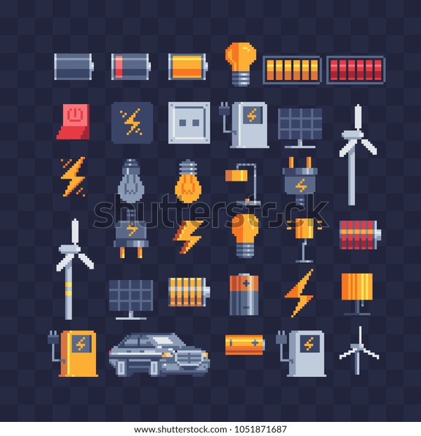 Electricity energy symbols pixel art icons ources\
of clean renewable sun energy charging stations and windmills.\
Electrical bulb and lamp. Low battery and full charge, plug. Design\
logo and app.\
8-bit
