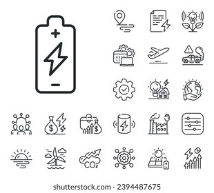 Electricity energy type sign. Energy, Co2 exhaust and solar panel outline icons. Battery charging line icon. Lightning bolt symbol. Battery charging line sign. Eco electric or wind power icon. Vector