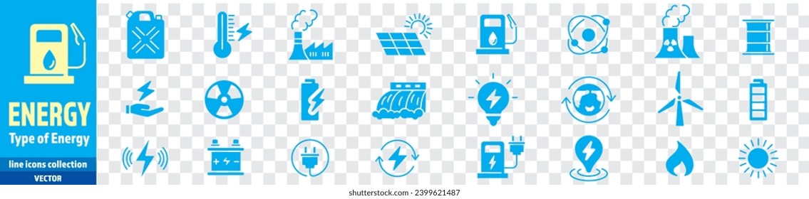 Electricity, Energy Types, Energy, icons collection editable stroke, Hydroelectric, Solar, Water, fire, Power Supply, Coal mine, vector illustration.