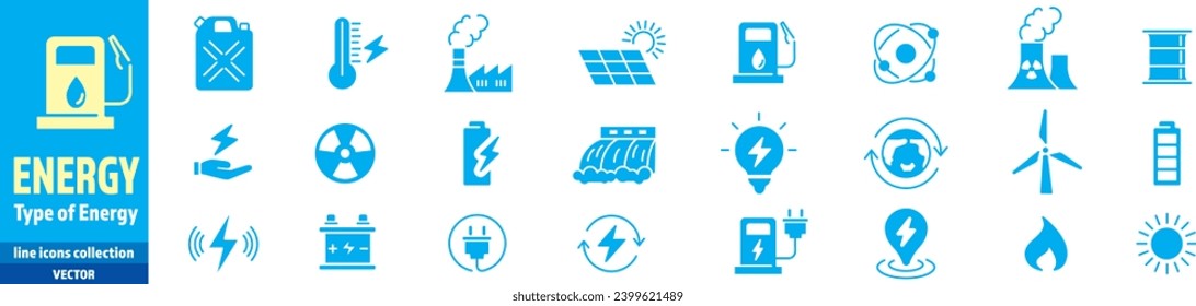 Electricidad, Tipos de Energía, Energía, colección de iconos de trazo editable, Hidroeléctrica, Solar, Agua, Fuego, Fuente de Alimentación, Mina de Carbón, ilustración vectorial.