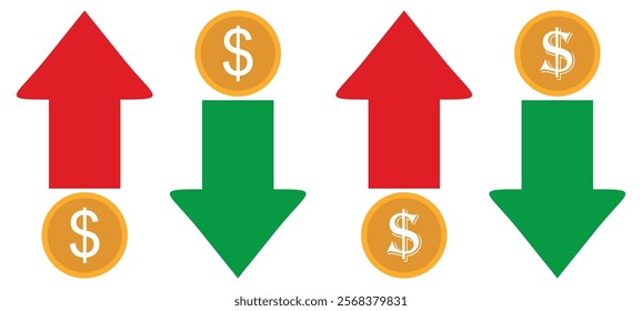 Electricity, energy or utility bill increase and decrease symbol. set of power consumption increase and decrease icon. vector illustration on transparent background