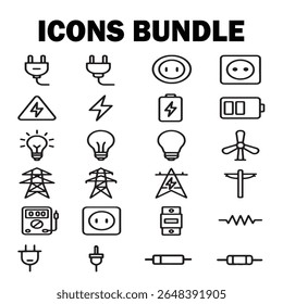 Electricity and Energy Vector Icon Set Comprehensive Collection of Power Related Visuals Ideal for Design Projects Materials Exploring Themes of Electrical Supply and Renewable Energy Resources