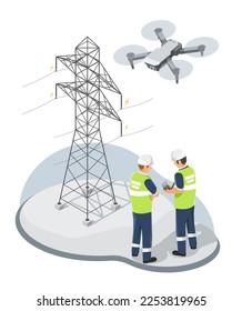 Electricity Engineer or Inspector using Drone Cam inspecting and maintaining Electric Technician maintenance or worker at hight electrical transmissian tower high volt from power plant isometric