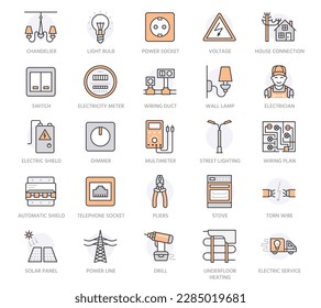 Electricity engineering vector flat line icons. Electrical equipment, power socket, torn cable, energy meter, lamp. Electrician service signs, house repair illustration. Orange color. Editable Stroke