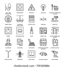 Electricity engineering vector flat line icons. Electrical equipment, power socket, torn wire, energy meter, lamp, wiring design, multimeter. Electrician services signs, house repair illustration