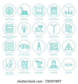 Electricity engineering vector flat line icons. Electrical equipment, power socket, torn wire, energy meter, lamp, wiring design, multimeter. Electrician services signs, house repair illustration.