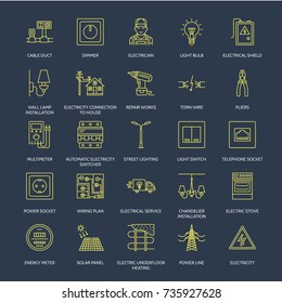 Electricity engineering vector flat line icons. Electrical equipment, power socket, torn wire, energy meter, lamp, wiring design, multimeter. Electrician services signs, house repair illustration.