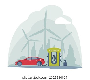 Electricity Filling Station with Wind Generator as Facility for Motor Vehicle Vector Illustration