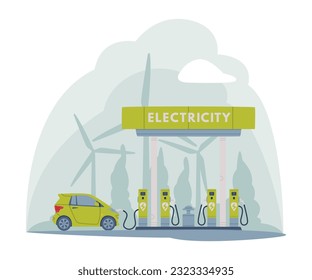 Electricity Filling Station with Wind Generator as Facility for Motor Vehicle Vector Illustration