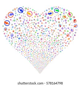 Electricity fireworks with heart shape. Vector illustration style is flat bright multicolored iconic symbols on a white background. Object valentine heart made from confetti icons.