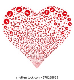 Electricity fireworks with heart shape. Vector illustration style is flat intensive red iconic symbols on a white background. Object love heart combined from confetti pictographs.