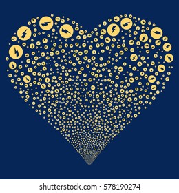 Electricity fireworks with heart shape. Vector illustration style is flat yellow iconic symbols on a blue background. Object salute created from scattered pictographs.